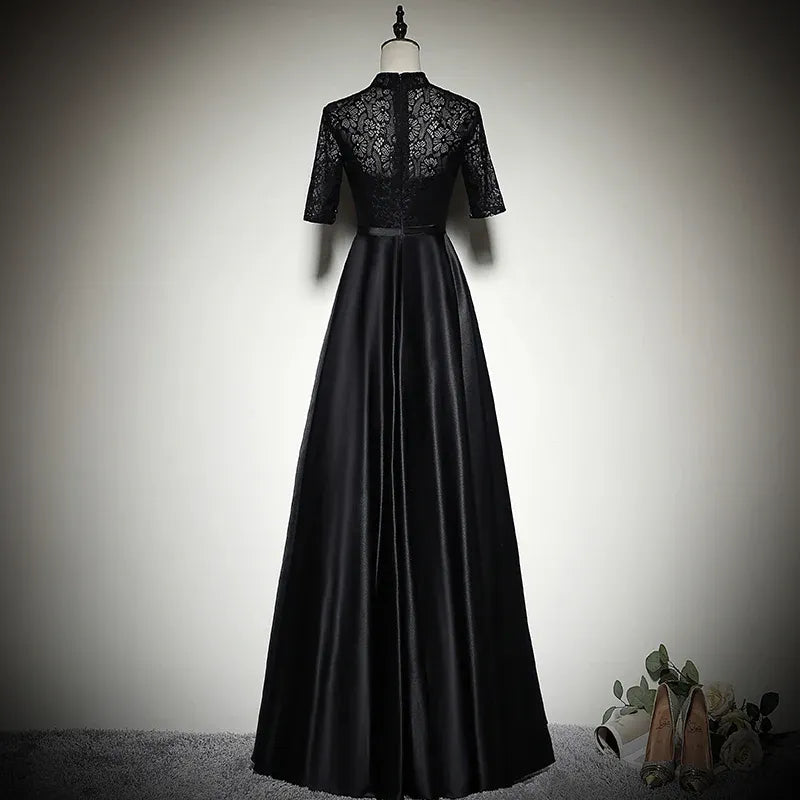 Elegant Lace-Satin Long Evening Dress Black Mandarin-Collar Party Gown for Women