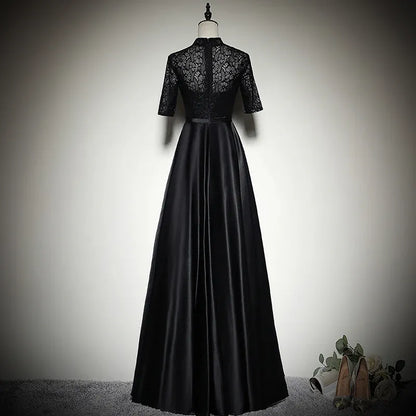 Elegant Lace-Satin Long Evening Dress Black Mandarin-Collar Party Gown for Women