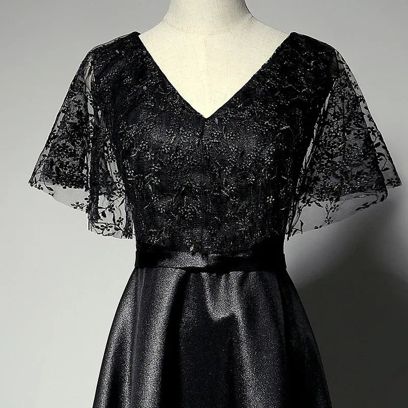 Elegant Lace-Satin Long Evening Dress Black V-Neck Cape Sleeve for Women