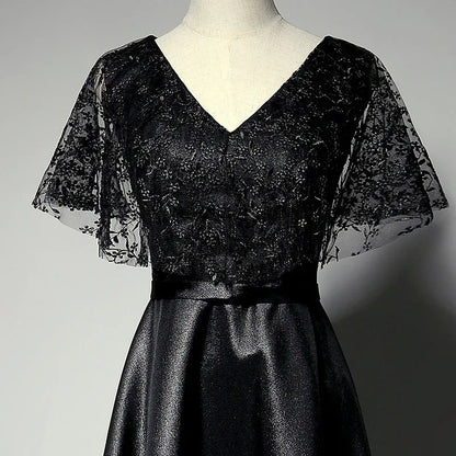Elegant Lace-Satin Long Evening Dress Black V-Neck Cape Sleeve for Women