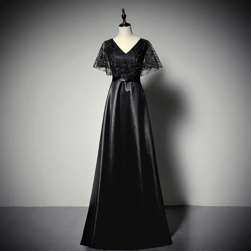 Elegant Lace-Satin Long Evening Dress Black V-Neck Cape Sleeve for Women