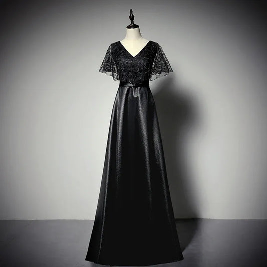 Elegant Lace-Satin Long Evening Dress Black V-Neck Cape Sleeve for Women