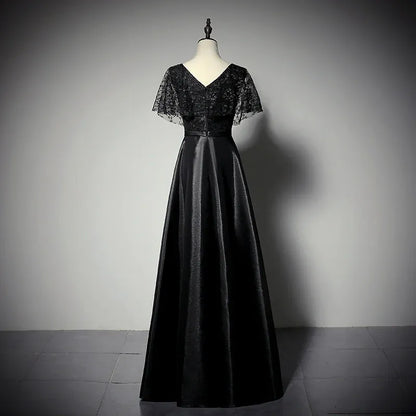 Elegant Lace-Satin Long Evening Dress Black V-Neck Cape Sleeve for Women