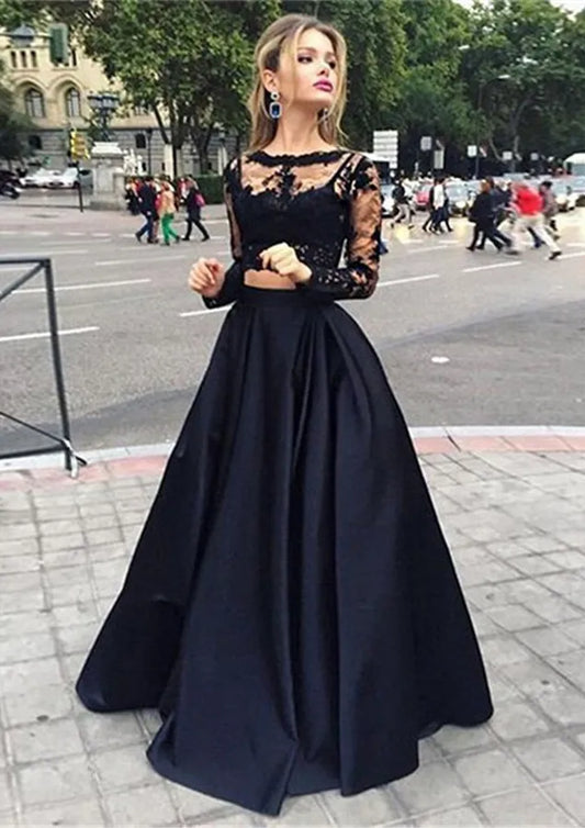Elegant Lace-Satin Two-Piece Long Evening Dress Black High-Neck Long-Sleeve Party Gown for Women
