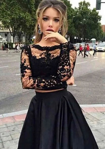 Elegant Lace-Satin Two-Piece Long Evening Dress Black High-Neck Long-Sleeve Party Gown for Women