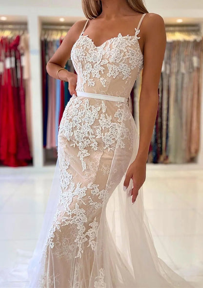 Elegant Lace-Tulle Floor-Length Evening Dress Ivory Sweetheart Spaghetti-Strap Women