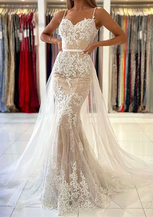 Elegant Lace-Tulle Floor-Length Evening Dress Ivory Sweetheart Spaghetti-Strap Women