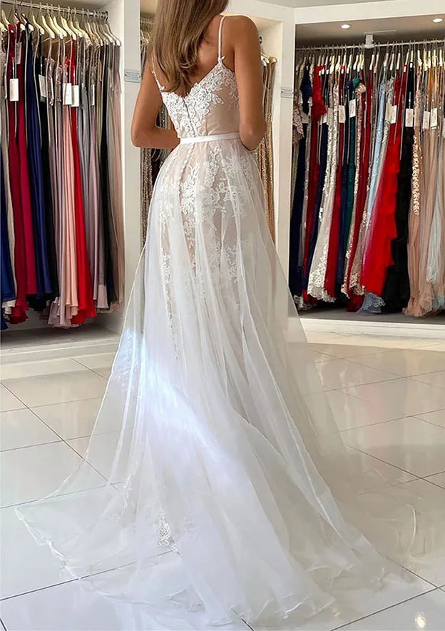 Elegant Lace-Tulle Floor-Length Evening Dress Ivory Sweetheart Spaghetti-Strap Women