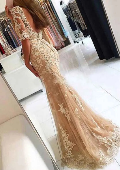 Elegant Lace-Tulle Long Evening Dress Champagne Illusion-Neck Half-Sleeve Party Gown for Women