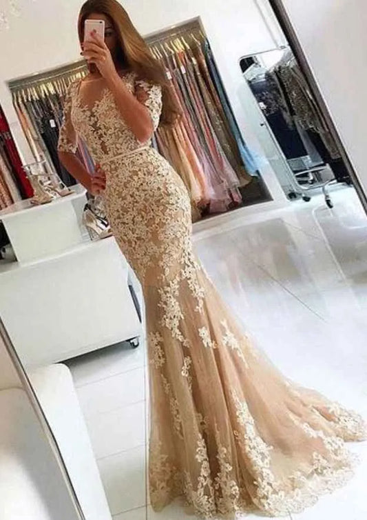 Elegant Lace-Tulle Long Evening Dress Champagne Illusion-Neck Half-Sleeve Party Gown for Women