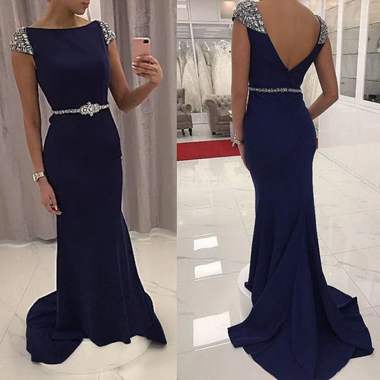 Elegant Mermaid Boat Neck Cap Sleeve Beaded Evening Dress
