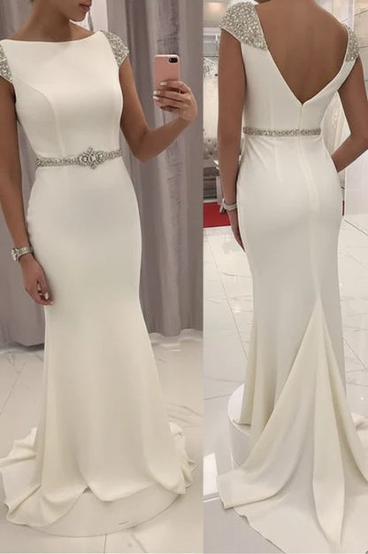 Elegant Mermaid Boat Neck Cap Sleeve Beaded Evening Dress