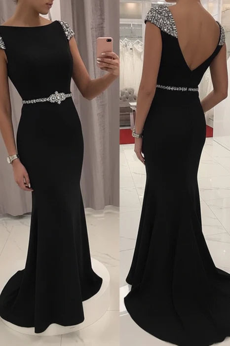Elegant Mermaid Boat Neck Cap Sleeve Beaded Evening Dress