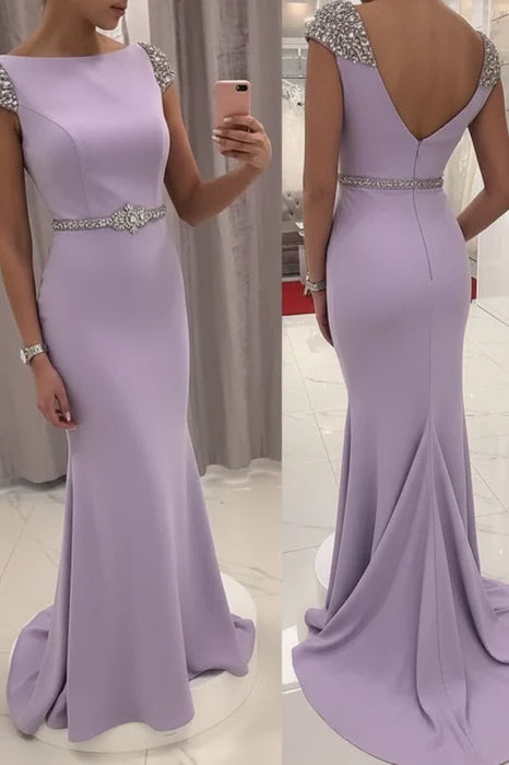 Elegant Mermaid Boat Neck Cap Sleeve Beaded Evening Dress