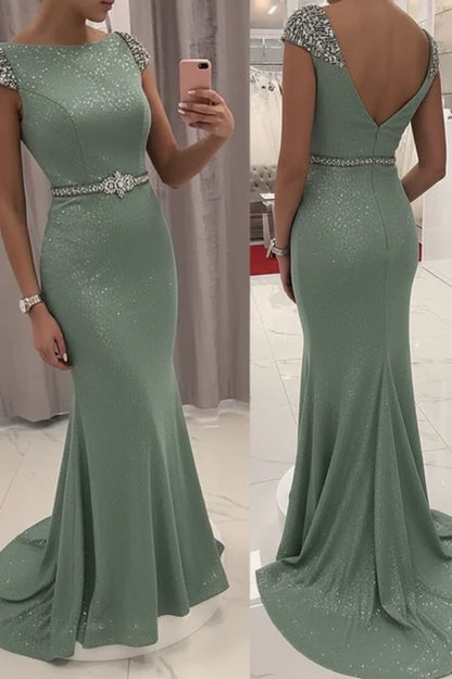 Elegant Mermaid Boat Neck Cap Sleeve Beaded Evening Dress