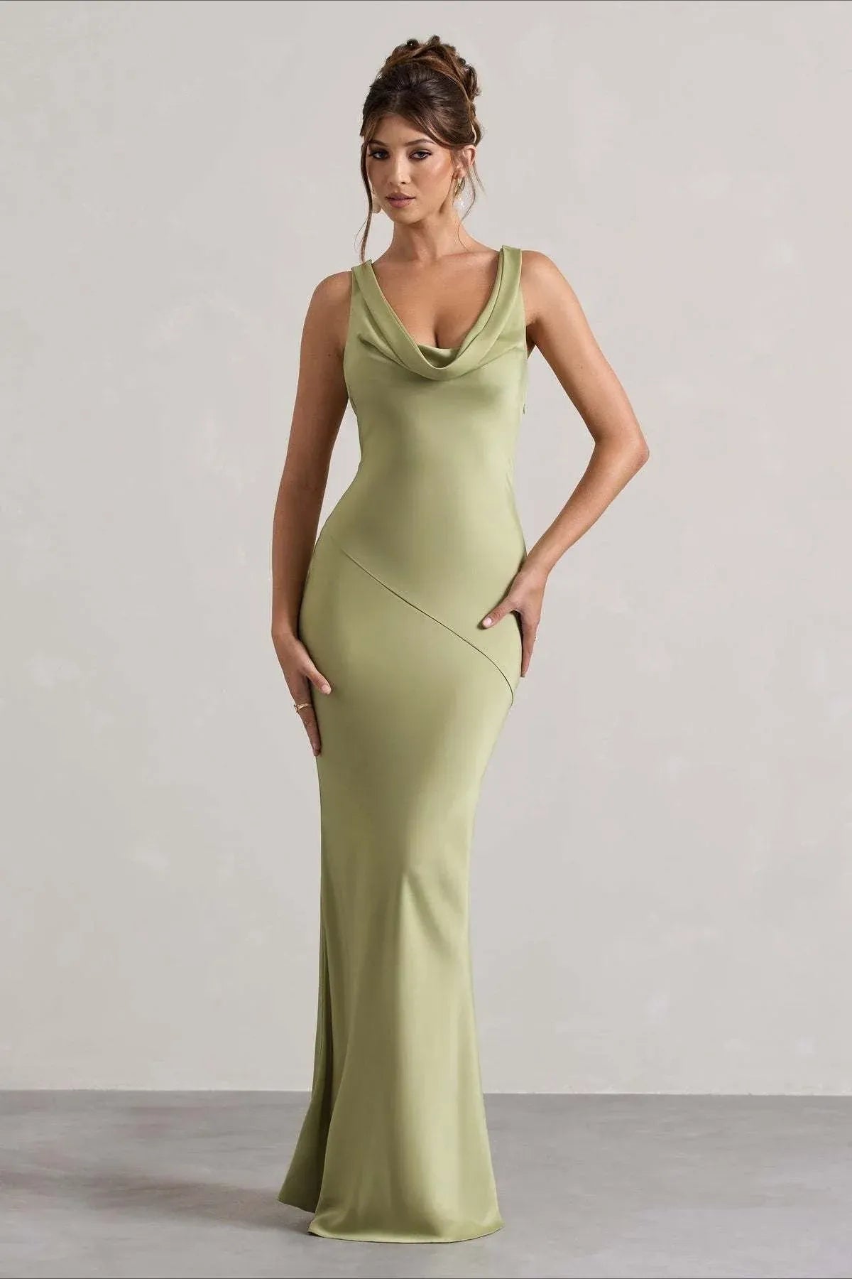 Elegant Mermaid Cowl Neck Open Back Satin Sage Green Maxi Prom Dress Hot Sale