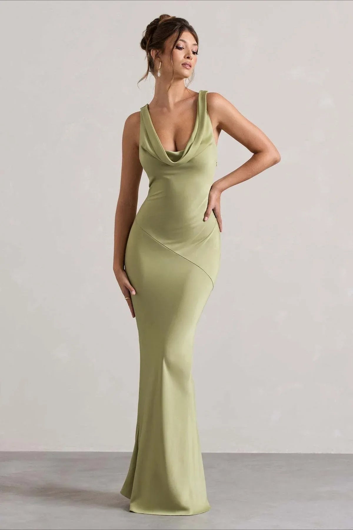 Elegant Mermaid Cowl Neck Open Back Satin Sage Green Maxi Prom Dress Hot Sale
