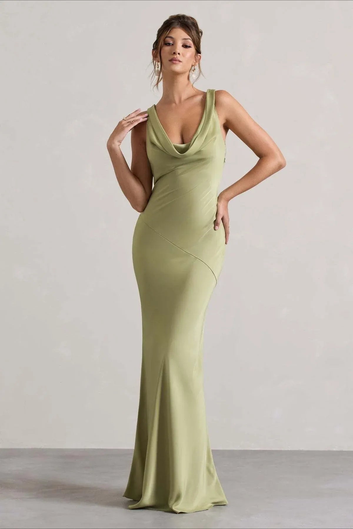 Elegant Mermaid Cowl Neck Open Back Satin Sage Green Maxi Prom Dress Hot Sale