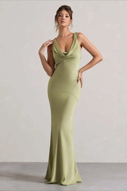 Elegant Mermaid Cowl Neck Open Back Satin Sage Green Maxi Prom Dress Hot Sale