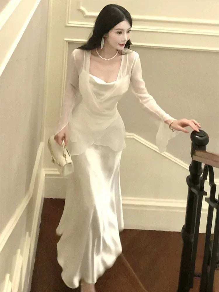 Elegant Mermaid Cowl Neck Sleeveless Ruched Ivory Maxi Prom Dress for Women Ready to Ship
