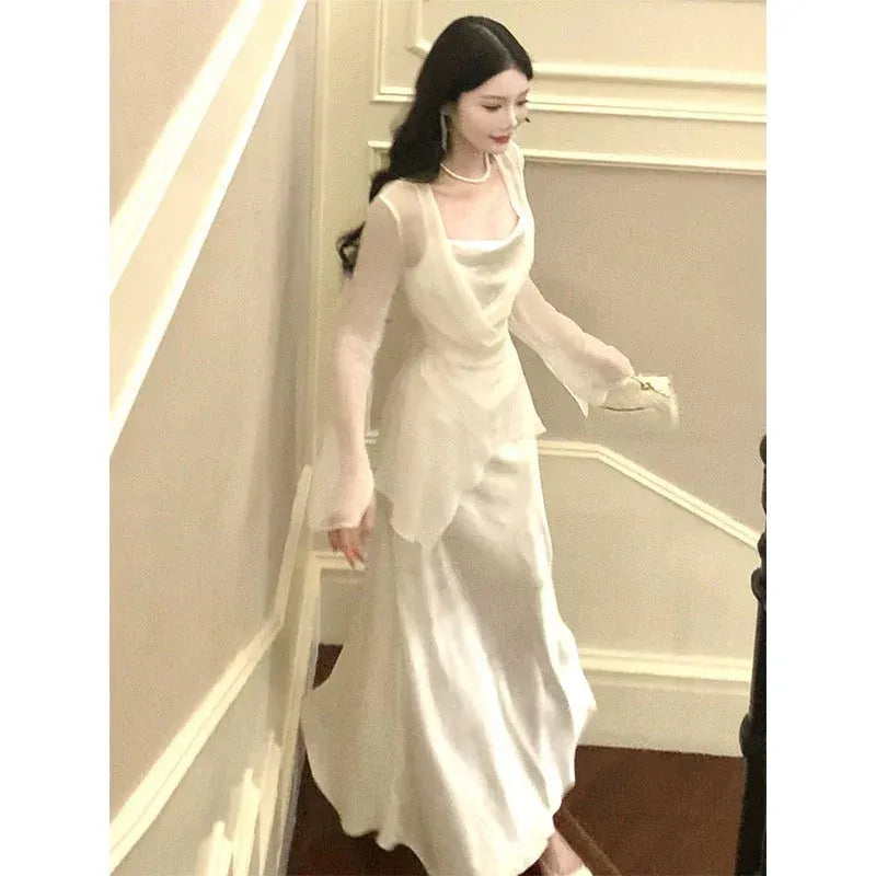 Elegant Mermaid Cowl Neck Sleeveless Ruched Ivory Maxi Prom Dress for Women Ready to Ship