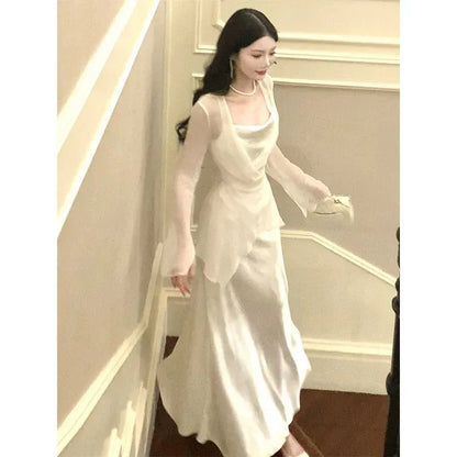 Elegant Mermaid Cowl Neck Sleeveless Ruched Ivory Maxi Prom Dress for Women Ready to Ship