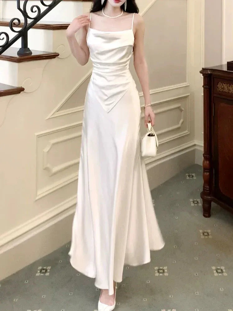 Elegant Mermaid Cowl Neck Sleeveless Ruched Ivory Maxi Prom Dress for Women Ready to Ship