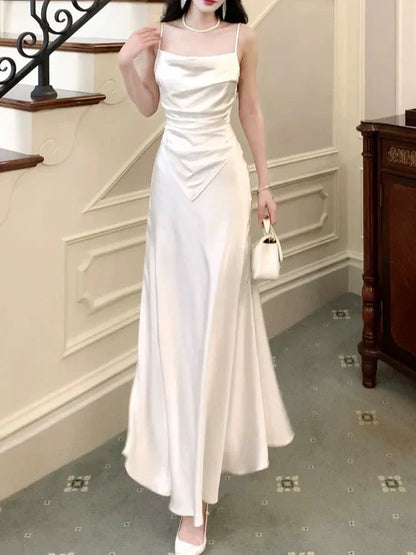 Elegant Mermaid Cowl Neck Sleeveless Ruched Ivory Maxi Prom Dress for Women Ready to Ship
