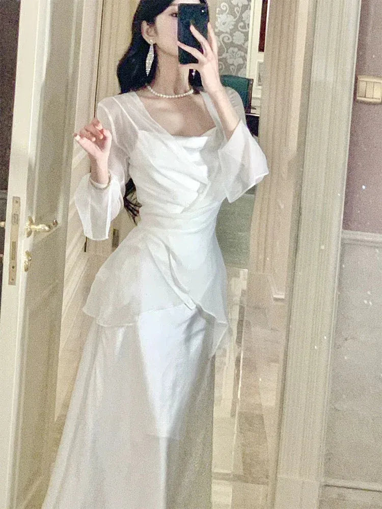 Elegant Mermaid Cowl Neck Sleeveless Ruched Ivory Maxi Prom Dress for Women Ready to Ship