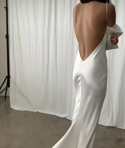 Elegant Mermaid Spaghetti Strap Long Sleeve Open Back White Train Wedding Dress