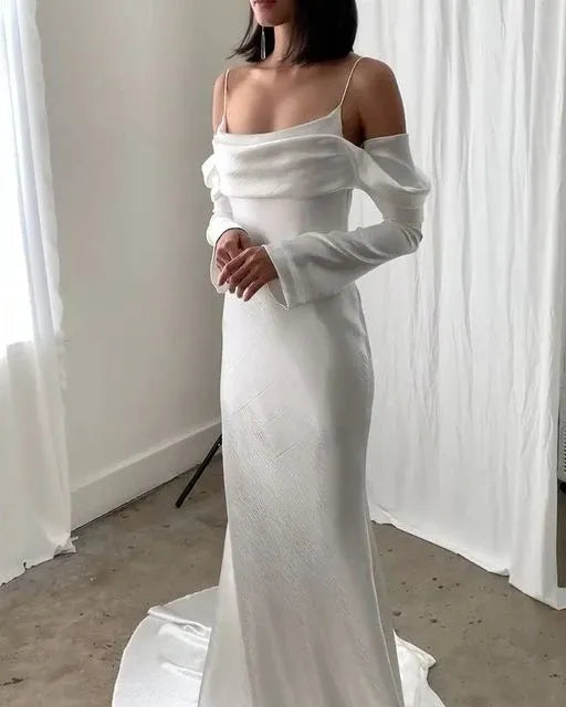 Elegant Mermaid Spaghetti Strap Long Sleeve Open Back White Train Wedding Dress