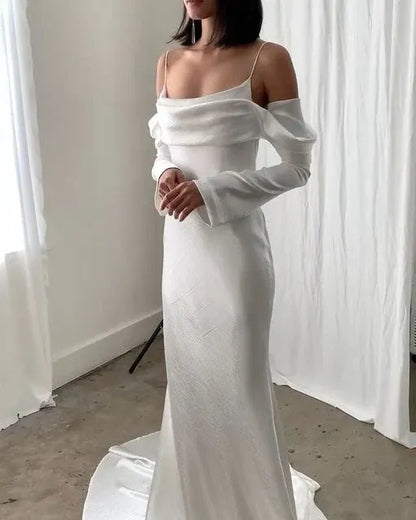 Elegant Mermaid Spaghetti Strap Long Sleeve Open Back White Train Wedding Dress