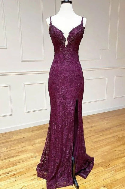 Elegant Mermaid Deep V Neck Sleeveless Lace Plum Maxi Prom Dress