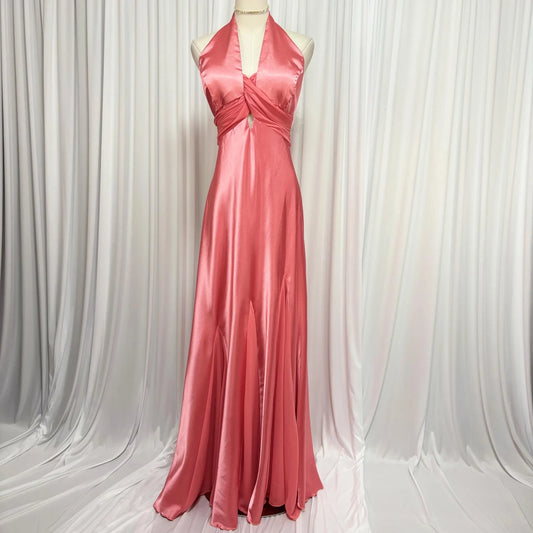 Elegant Mermaid Halter-Neck Ruched Satin Coral Floor-Length Prom Dress With Streamer