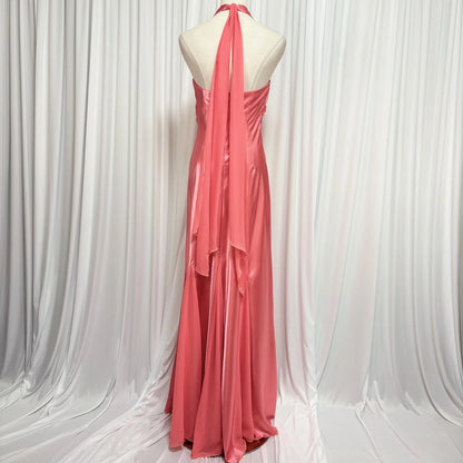 Elegant Mermaid Halter-Neck Ruched Satin Coral Floor-Length Prom Dress Gown for Women