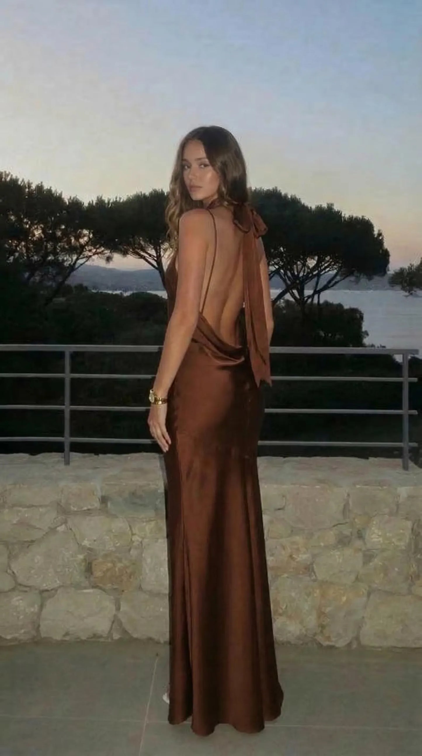 Elegant Mermaid Halter Cowl Neck Open-Back Satin Brown Floor-Length Prom Dress