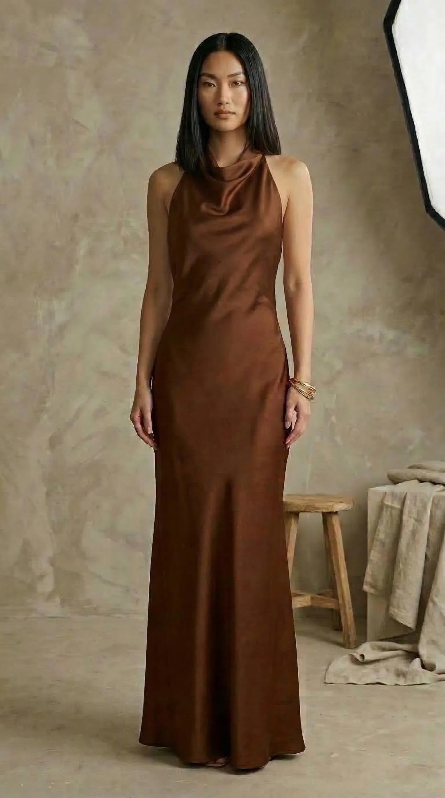 Elegant Mermaid Halter Cowl Neck Open-Back Satin Brown Floor-Length Prom Dress