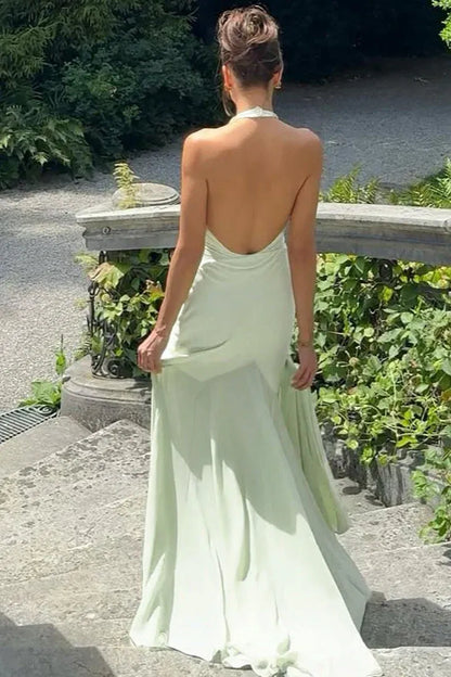 Elegant Mermaid Halter Neck Plunge Open Back Sage Green Floor-Length Prom Dress