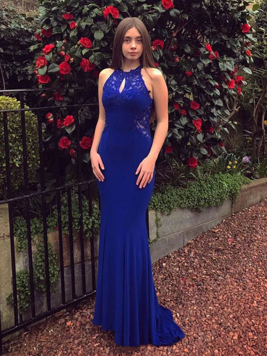 Elegant Mermaid Halter Neck Sleeveless Lace Royal Blue Prom Dress