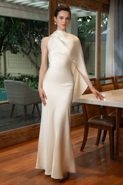Elegant Mermaid High-Neck Draped-Cowl Satin Ivory Floor-Length Prom Dress