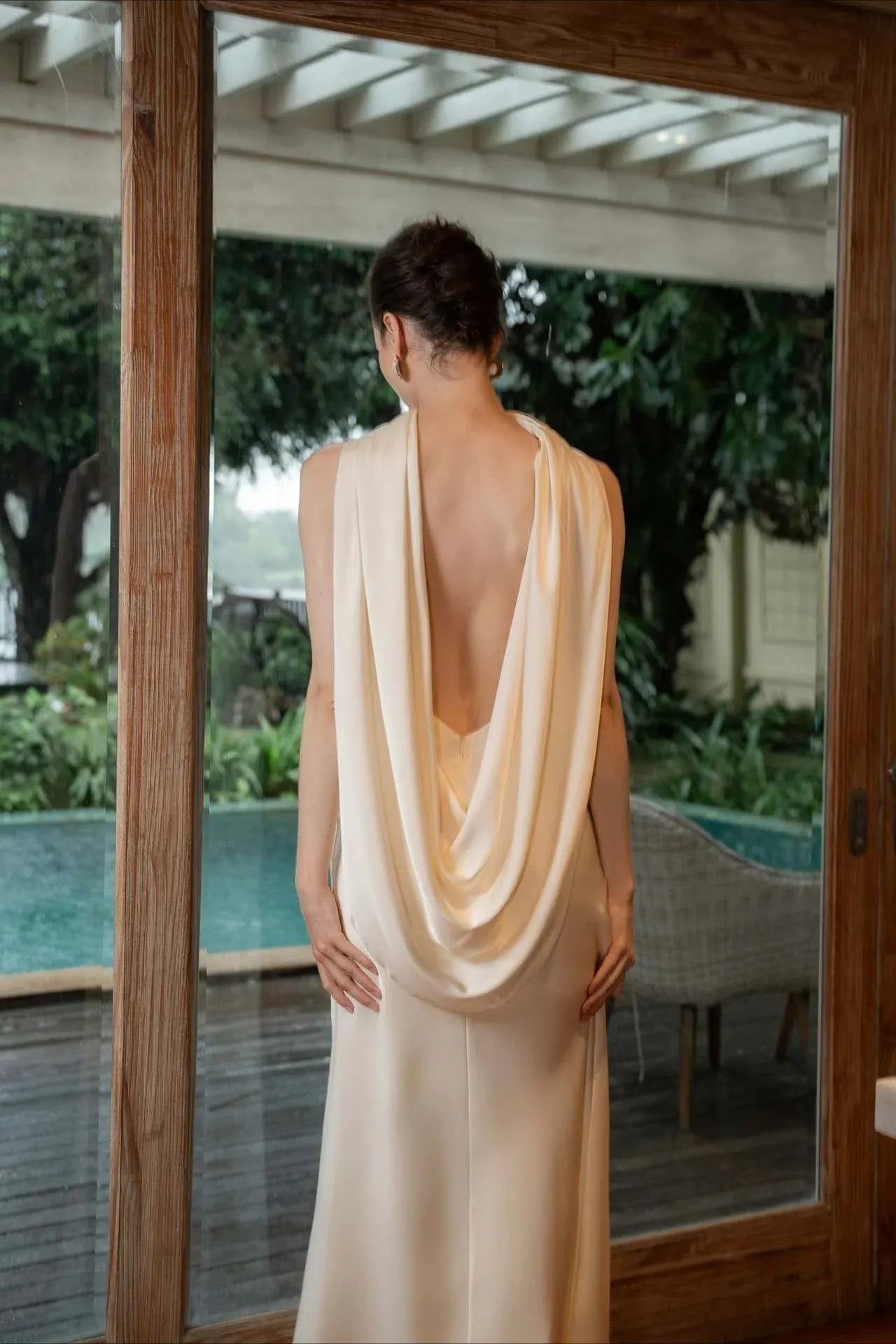 Elegant Mermaid High-Neck Draped-Cowl Satin Ivory Floor-Length Prom Dress