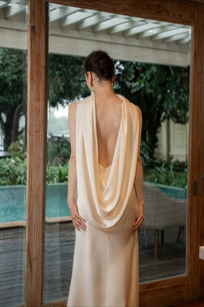 Elegant Mermaid High-Neck Draped-Cowl Satin Ivory Floor-Length Prom Dress