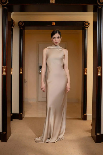 Elegant Mermaid High-Neck Draped-Cowl Satin Ivory Floor-Length Prom Dress