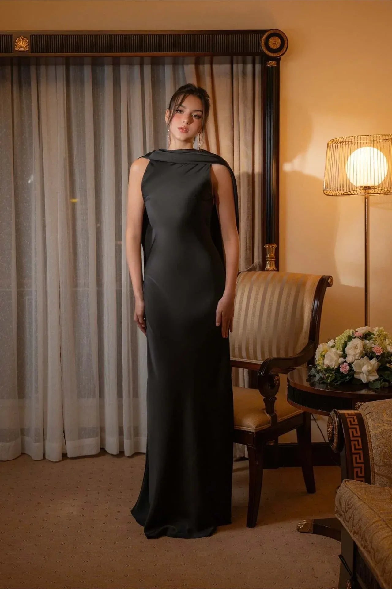 Elegant Mermaid High-Neck Draped-Cowl Satin Ivory Floor-Length Prom Dress
