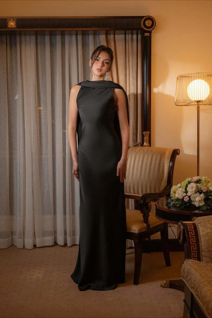 Elegant Mermaid High-Neck Draped-Cowl Satin Ivory Floor-Length Prom Dress