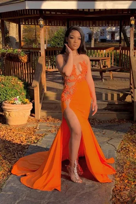 Elegant Mermaid Jewel Sheer Neck Sleeveless Sweep/Brush Train Prom Dress