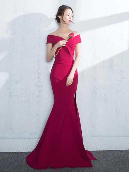 Elegant Mermaid Off-Shoulder Short Sleeve Burgundy Prom Dress