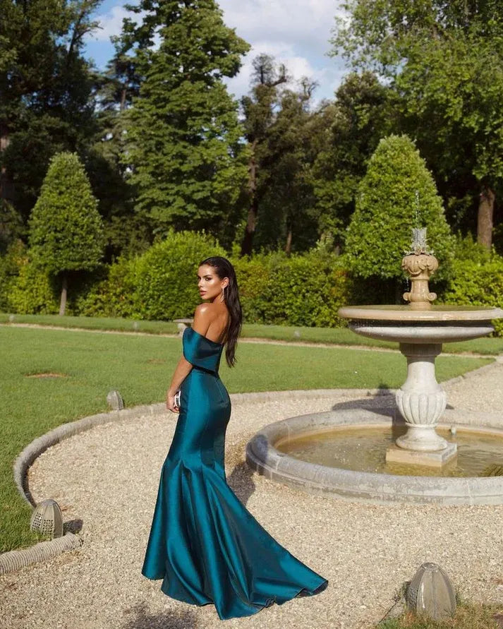 Elegant Mermaid Off-Shoulder Sweetheart Satin Teal Maxi Evening Dress for Women