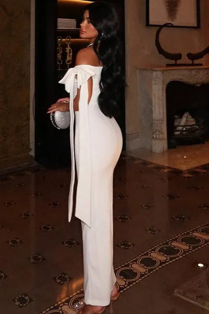 Elegant Mermaid Off-Shoulder Tie Bow White Floor-Length Prom Gown for Women