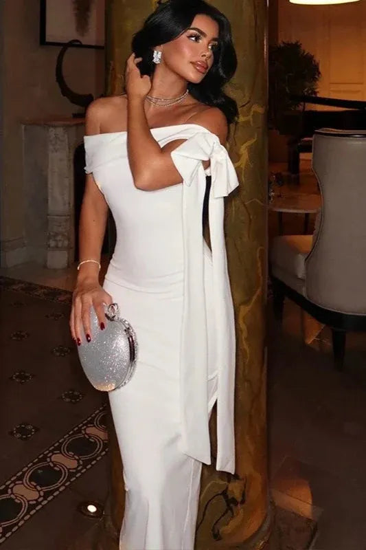 Elegant Mermaid Off-Shoulder Tie Bow White Floor-Length Prom Gown for Women